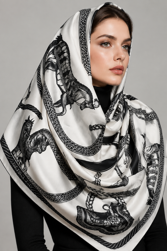 روسری ابریشم تویل قواره ۱۳۰ سفید مشکی طرح اسب
