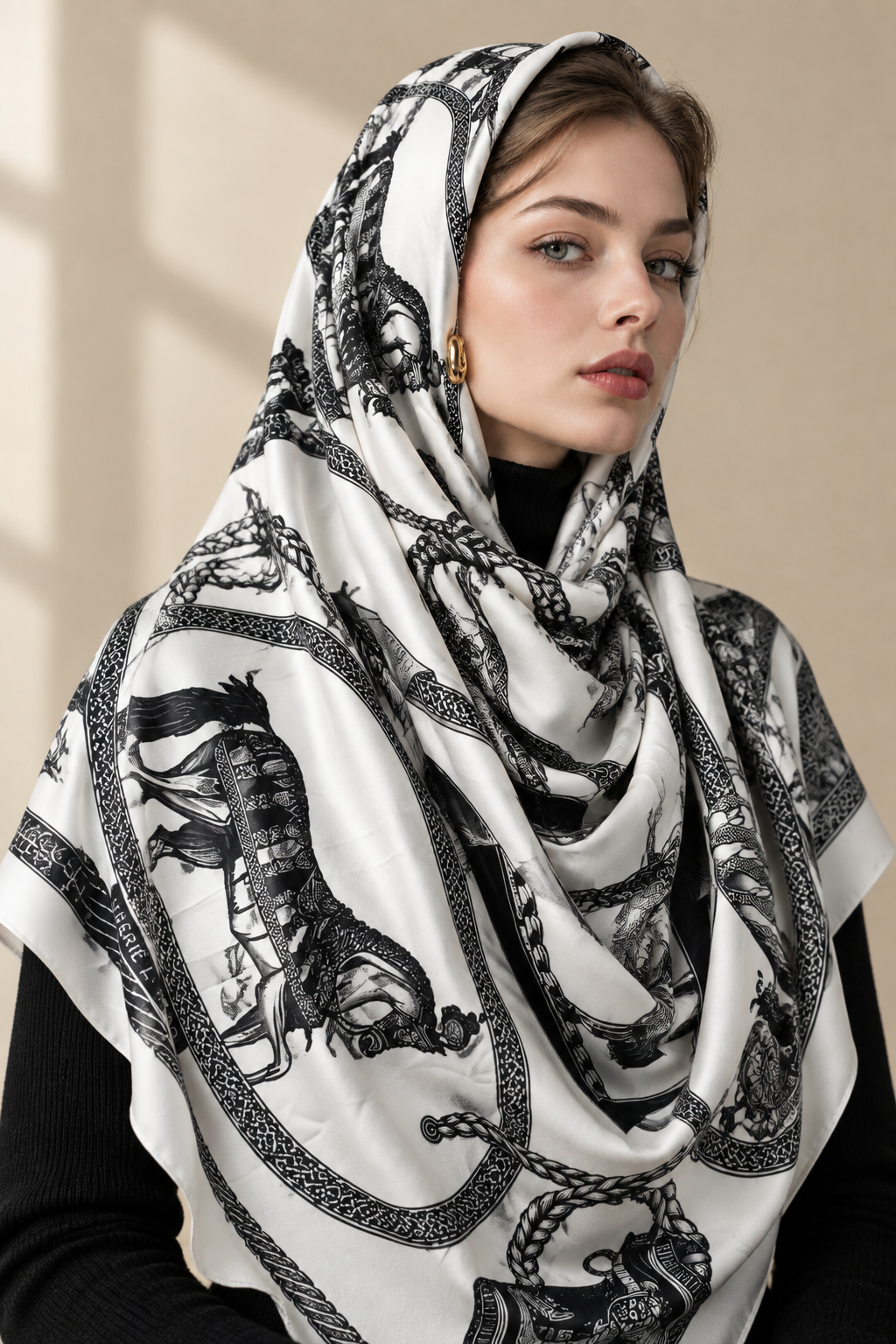 روسری ابریشم تویل قواره ۱۳۰ سفید مشکی طرح اسب